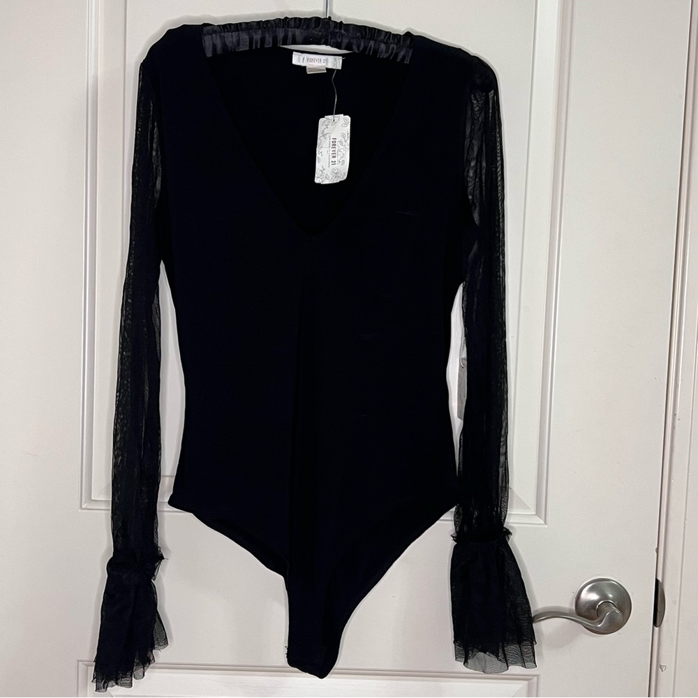 NWT Forever 21 Black Body Suit- sheer long sleeves- medium